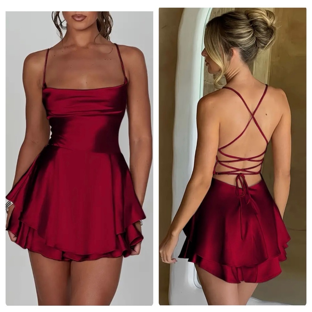 Burgundy Satin Cowl Neck Backless Mini Dress - NWOT